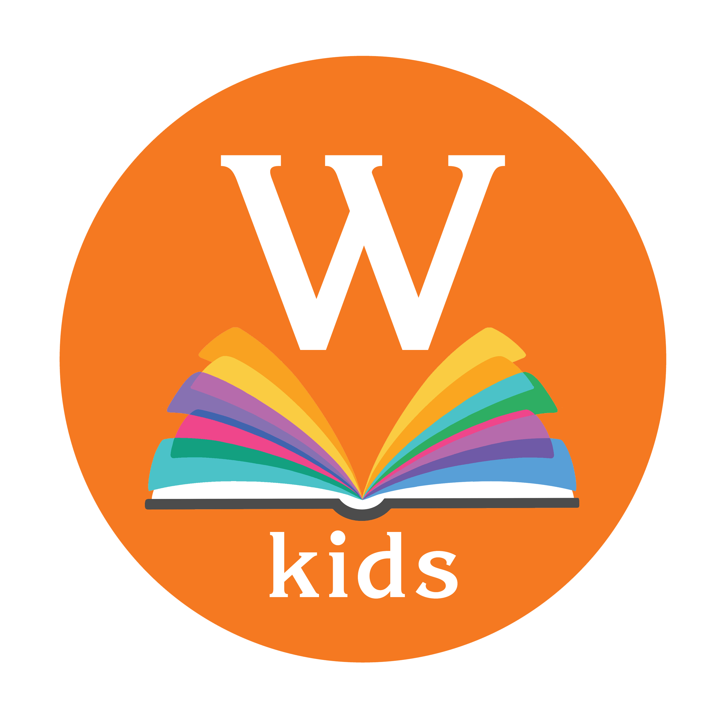 Illustrated logo of Worksman Kids logo - an open book with a floating W above the pages